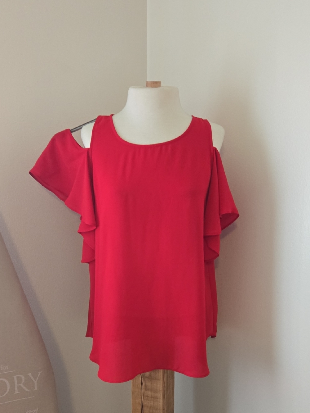 Women's Red Cold-Shoulder Ruffle Blouse - Picture 2 of 10